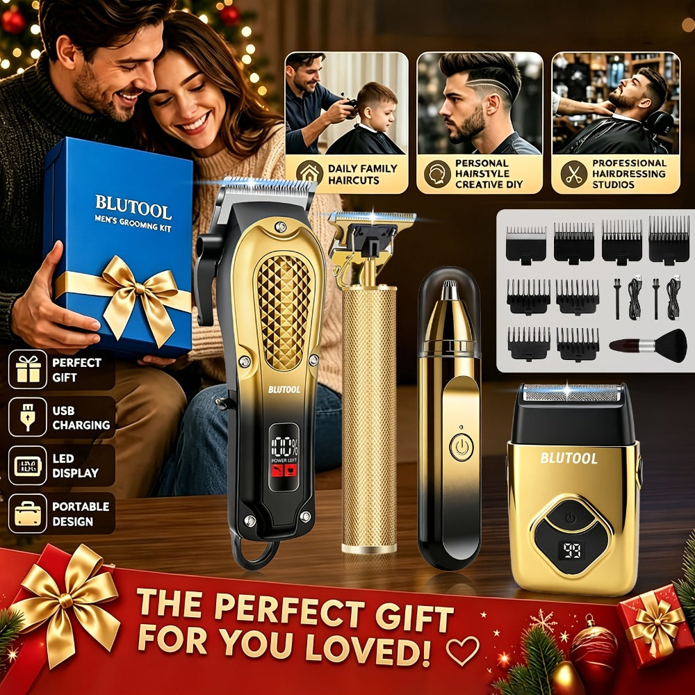 4-in-1 Cordless Grooming Kit for Men – Hair Clipper, Beard Trimmer, Electric Shaver & Nose Trimmer, Rechargeable Professional