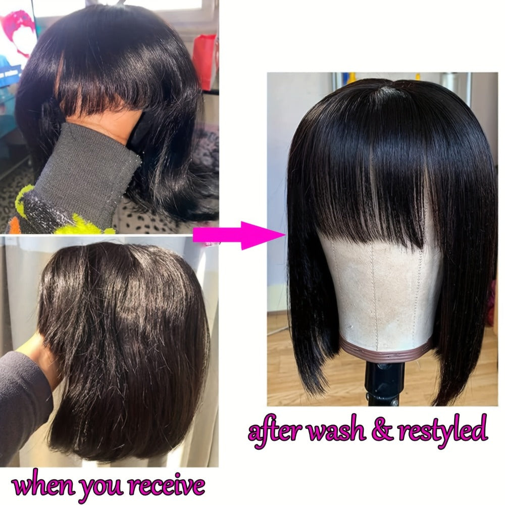 Straight Bob Human Hair Wig with Full Bangs, 250% Density, Rose Net Cap and 10-18 Inch Lengths — image 8