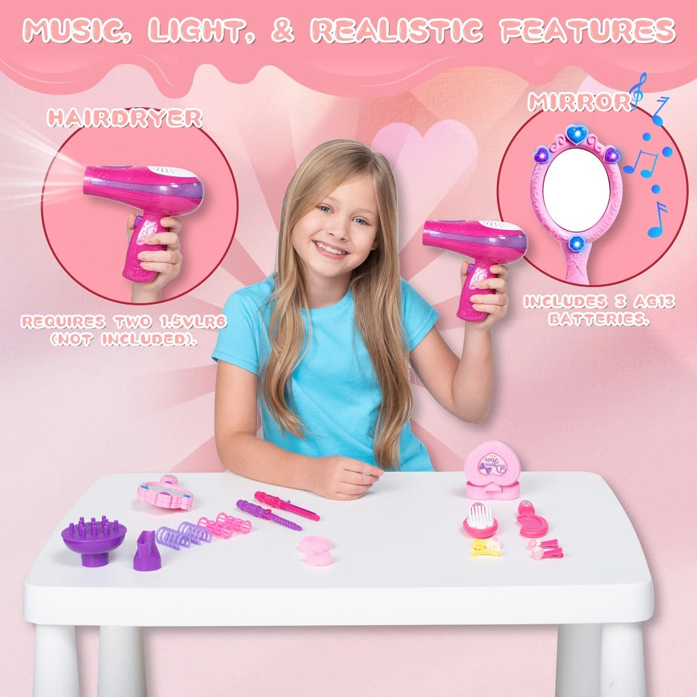 Girls Beauty Salon Toy Set 17 PCS, Pretend Play Hair Stylist Kit with Working Hairdryer Mirror Curling Wands Combs Clips & Je
