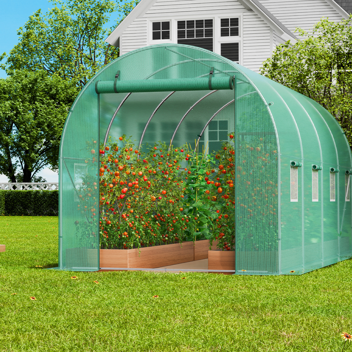 10- to 20-Foot Tunnel Greenhouse with Green Cover, Roll-Up Door and Size-Specific Vent Windows — image 29