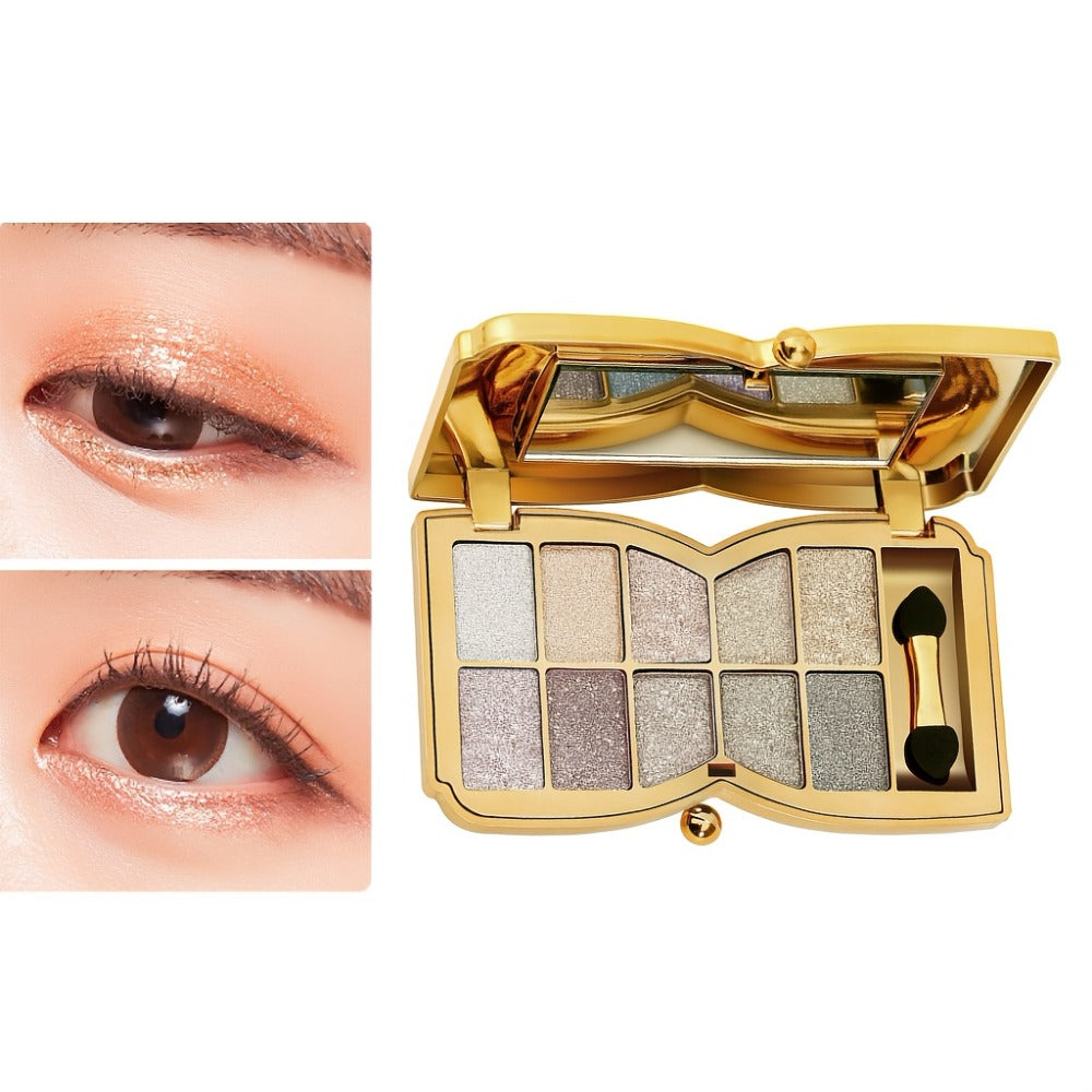 Eyeshadow Palette 10-Shade Gold Bow Compact with Mirror, Dual-Ended Applicator and Three Color Options — image 12
