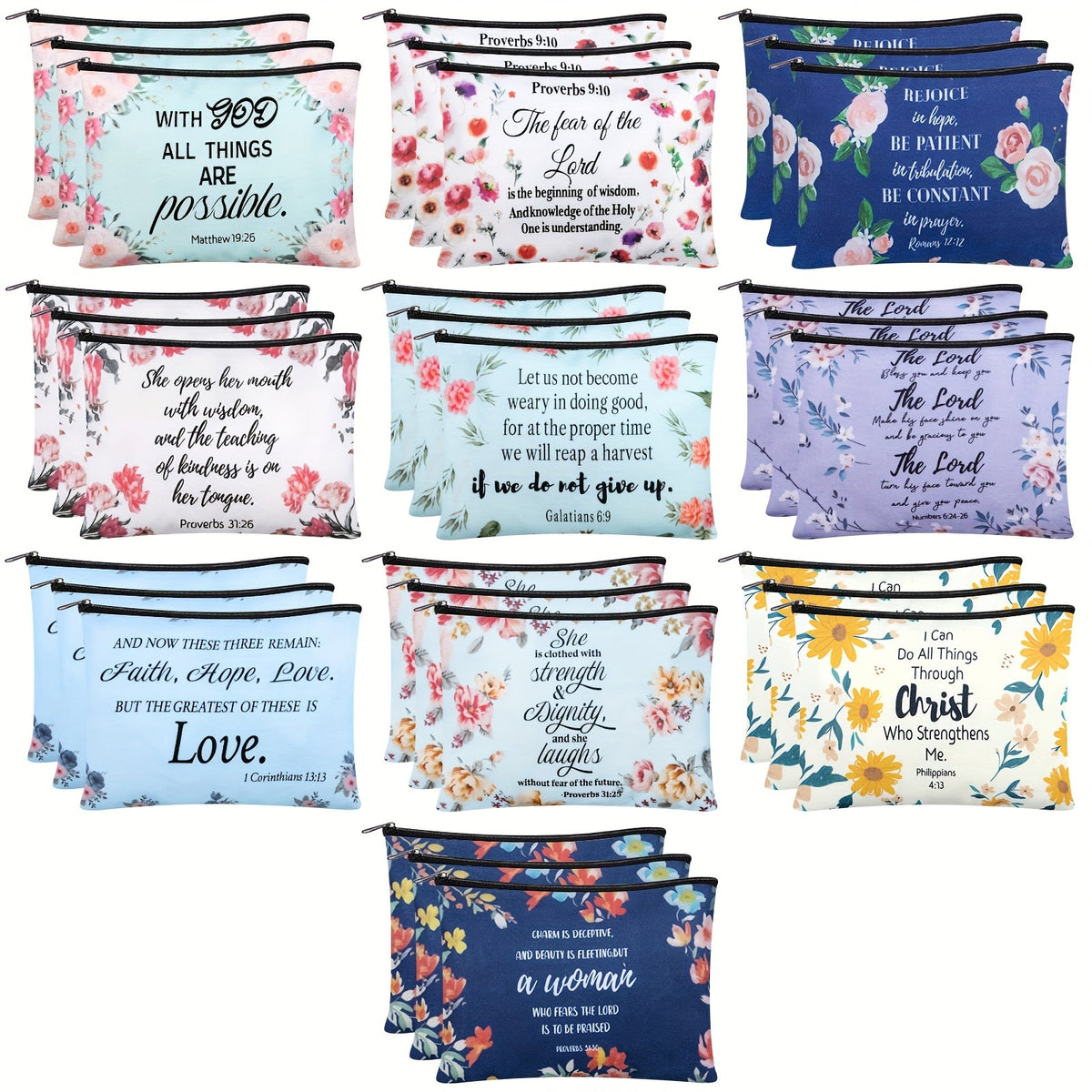 Thirty-Piece Bible Verse Makeup Bag Set with Mixed Printed Designs, 23 x 15cm Pouches and Black Zippers — image 7