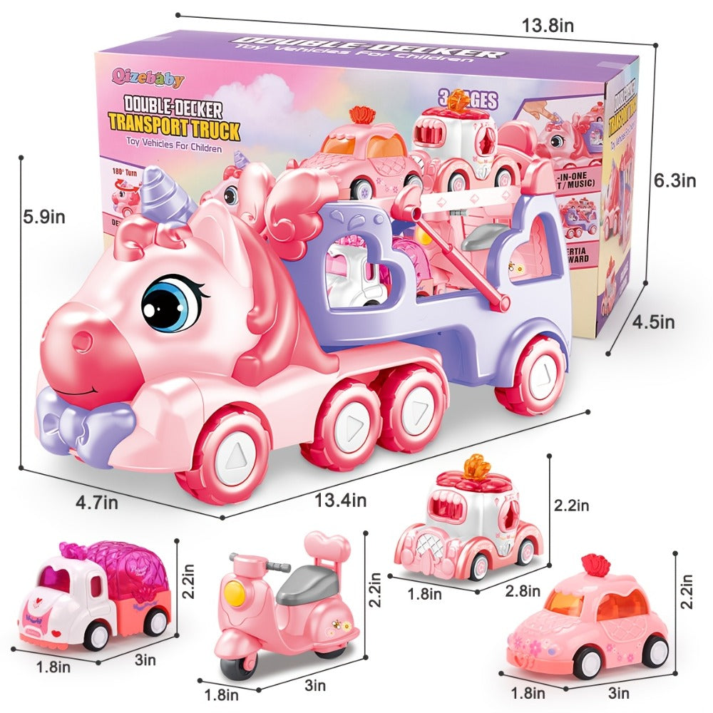 Pink Carrier Truck Toy with 4 Mini Cars, Music & Lights, Battery Powered Pull-Back Transport Vehicle for Girls Boys Ages 3+ —