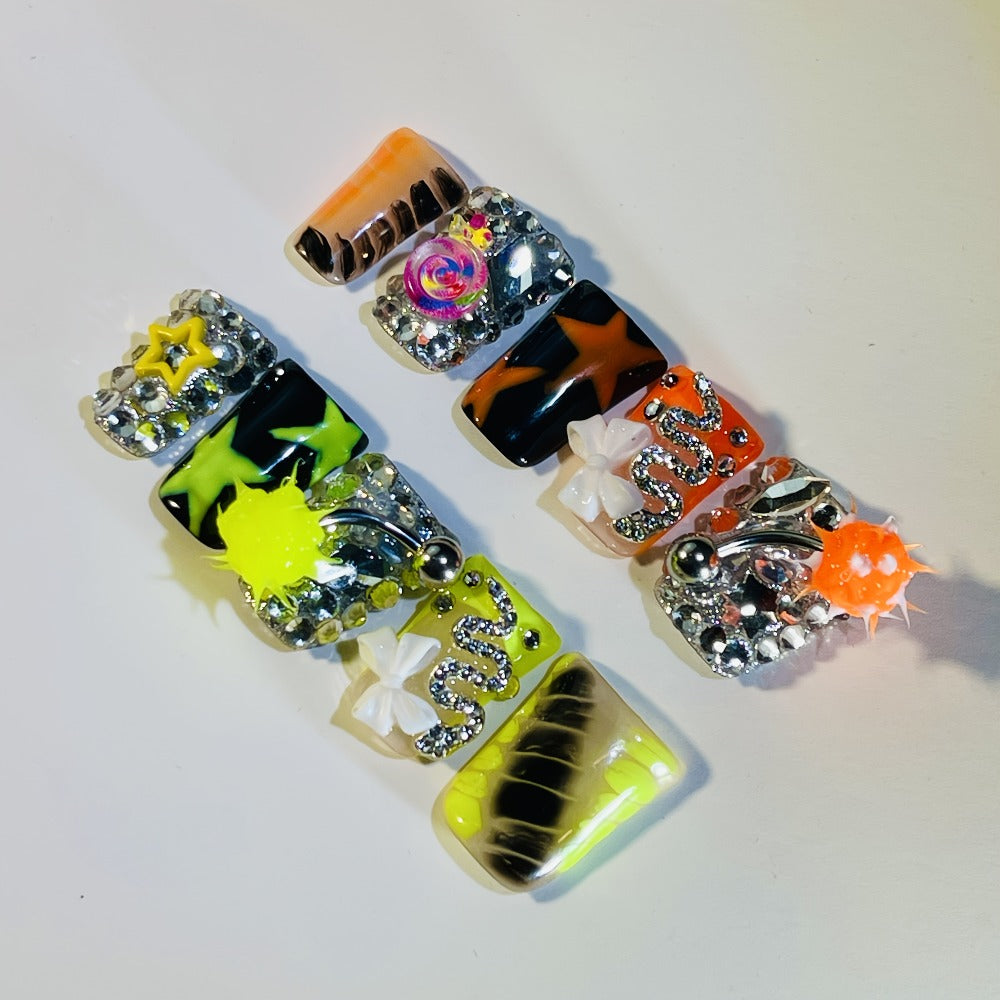 Press On Nails Handmade Y2K Duckbill Set with 3D Eye Barbell Star Rhinestone Charms and S M L Sizes — image 18