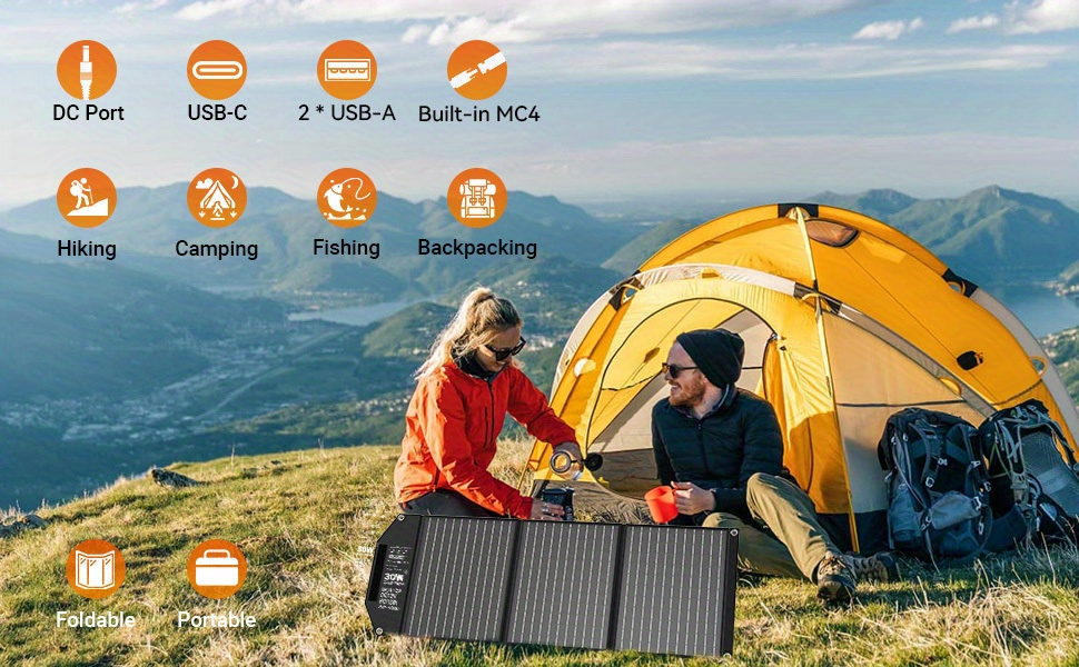 Portable Solar Panel Charger 30W 60W, Foldable Monocrystalline with 18V MC4, DC 12V, USB-A QC3.0 & USB-C PD 18W for Camping —