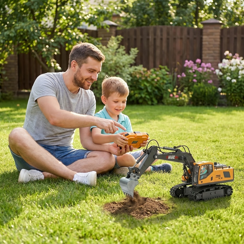 RC Excavator Toy for Kids Track Type 2.4GHz, 1200mAh Rechargeable Remote Control Construction Truck with Metal Shovel & LED L