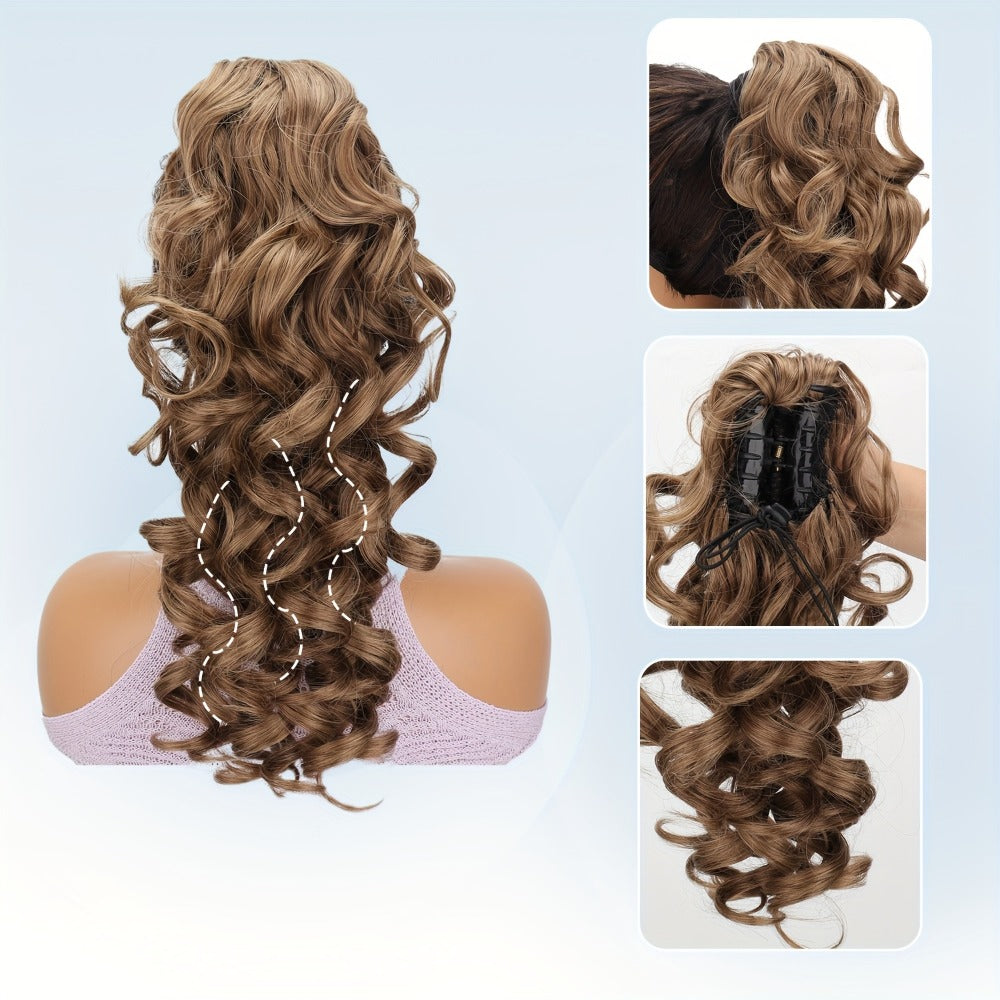 Scroll Curl Claw Clip Ponytail Extension Gradient Color 16 Inch | Synthetic Heat Resistant Hairpiece 5 Colors Linen Brown Gol