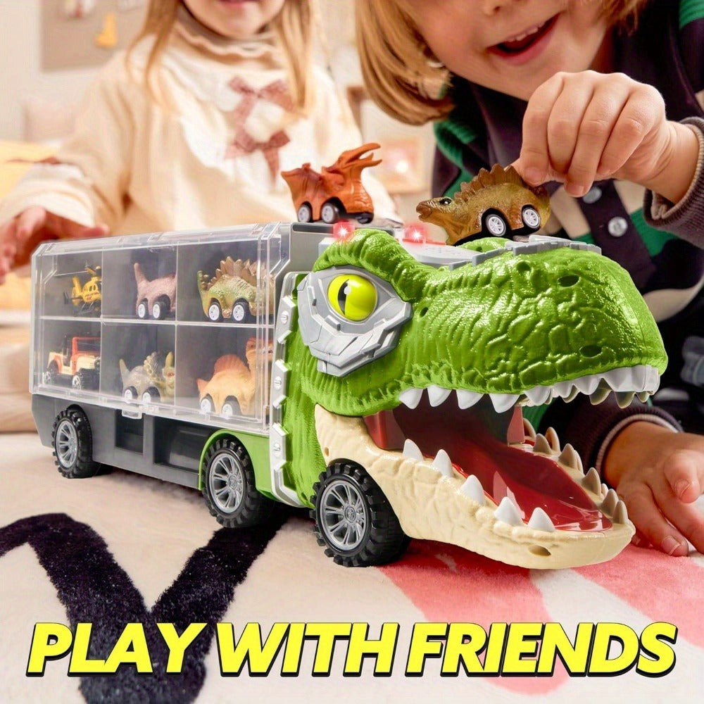Dinosaur Truck Toy Set 13 PCS, Transport Carrier Truck with Lights & Sounds + 8 Pull-Back Cars + 3 Die-Cast Dino Vehicles + H