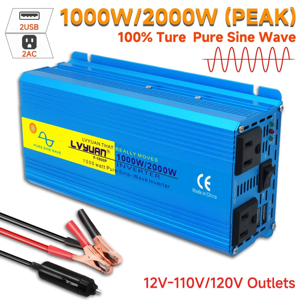Blue 12V or 24V DC to 110V AC Power Inverter with 2000W Checkout Labels, USB Port and Battery Cables — image 1