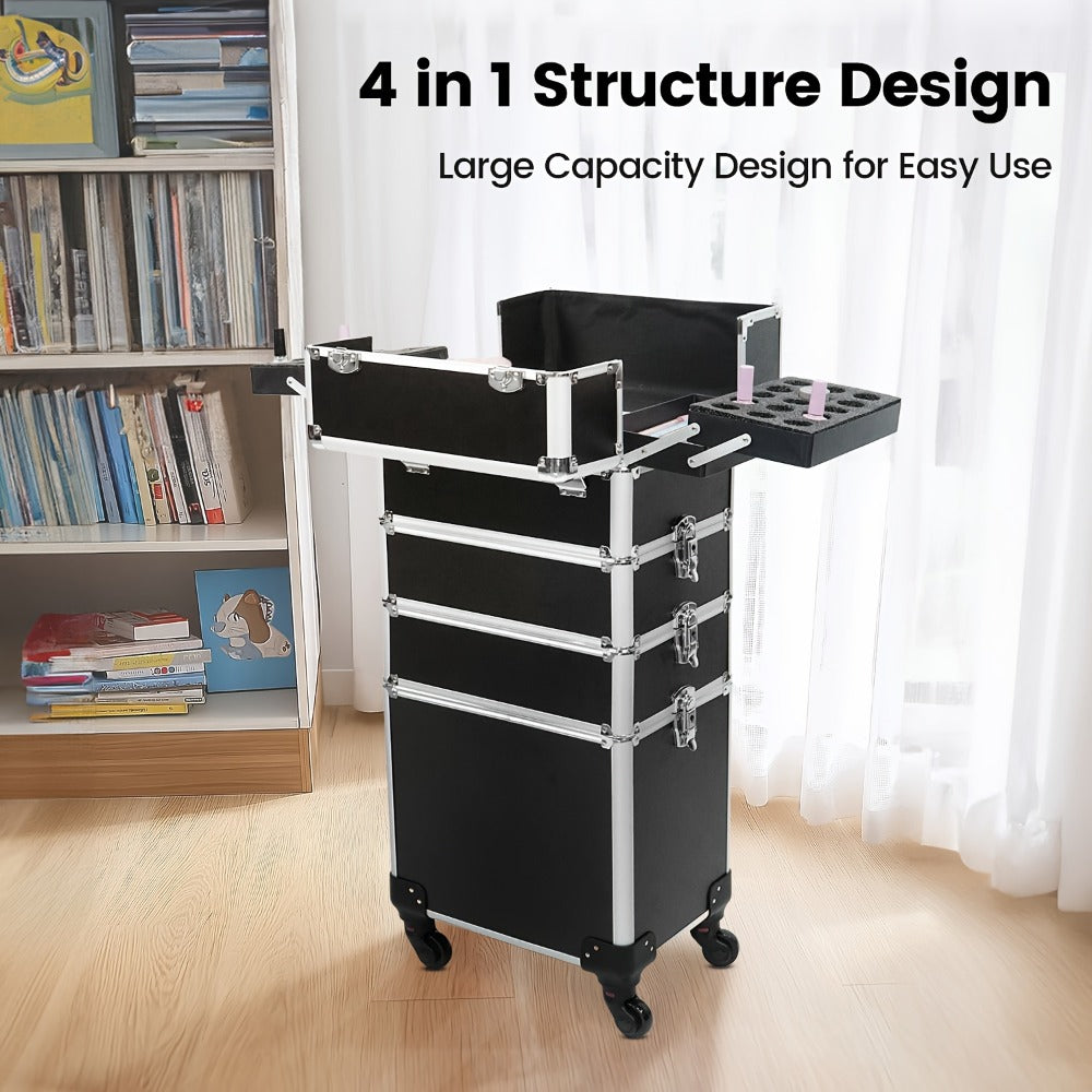 Rolling Makeup Train Case 4-in-1 Black Cosmetic Trolley with 360° Swivel Wheels & Makeup Sponges Set – Large Professional Sal
