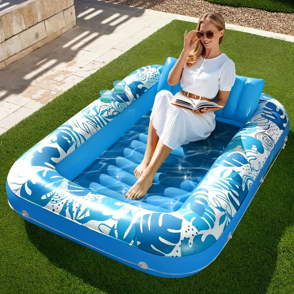 70 x 46-Inch Inflatable Pool Float Tanning Bed in Blue with Open Center, Ribbed Base and Raised Pillow — image 1