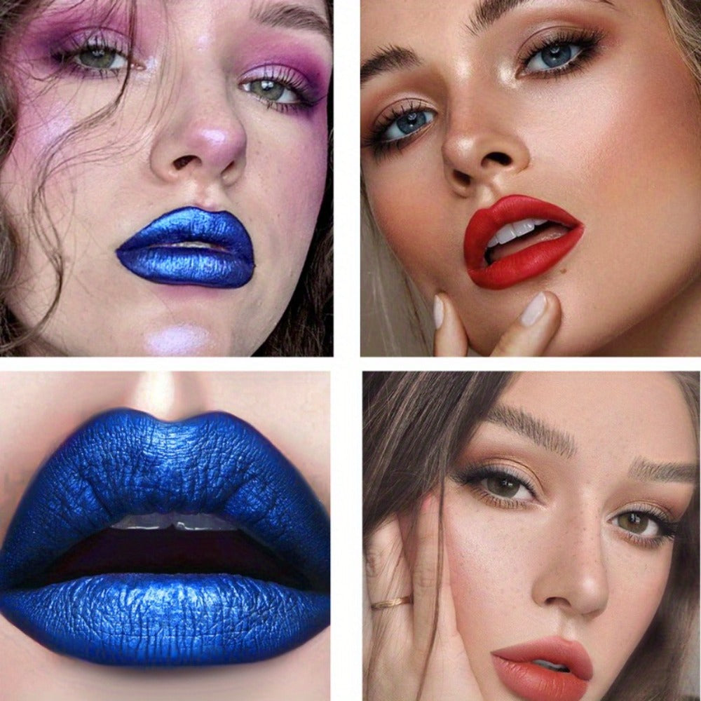 Matte Velvet Lip Stain Set 6 Colors Waterproof Smudge-Proof, Metallic Blue Cobalt Bold Shades Vegan Lip Gloss for All Skin To