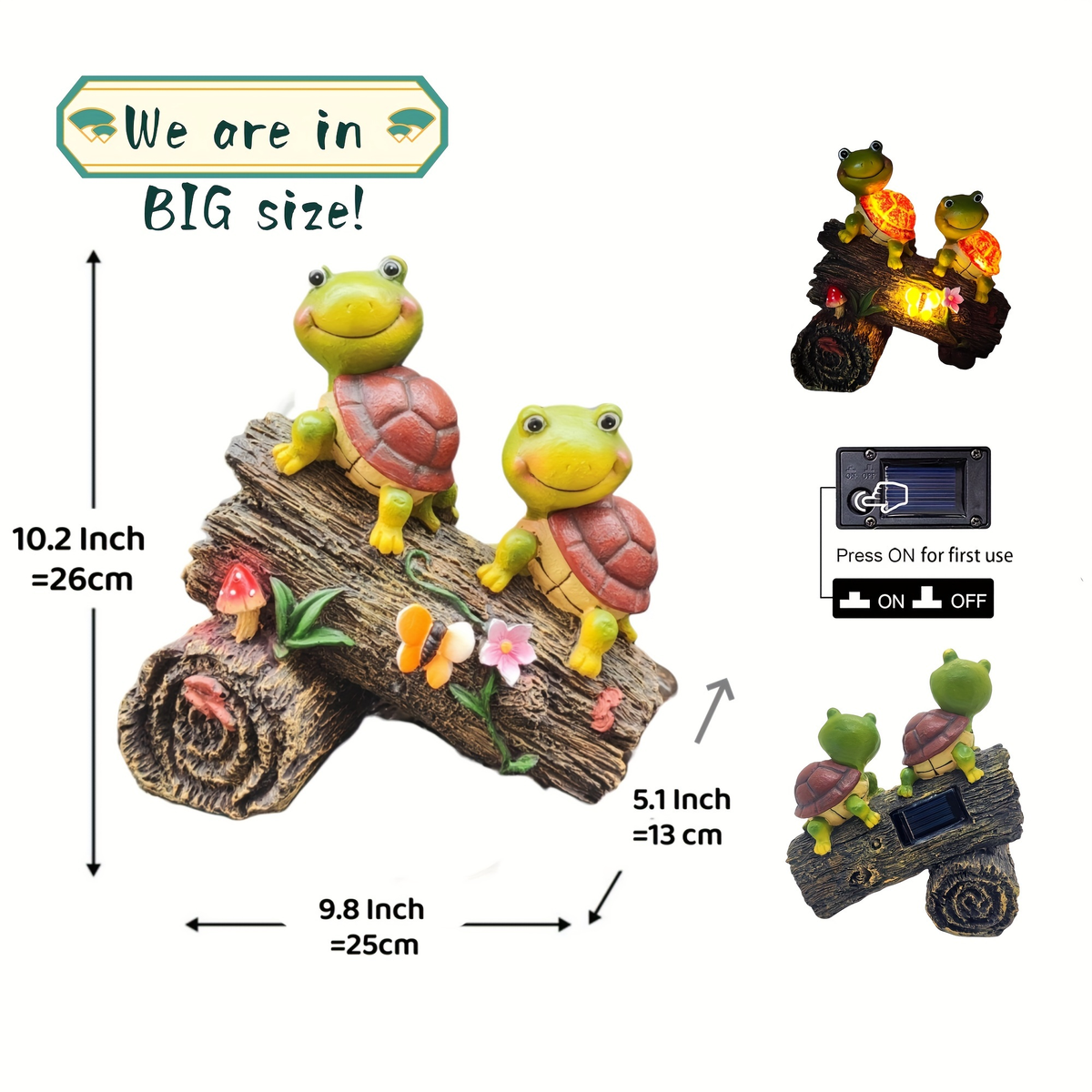 Solar Garden Turtle Statue with 4 LED Lights IP44 Waterproof Resin Frog Face Turtle Figurine Outdoor Decor for Patio Lawn Yar