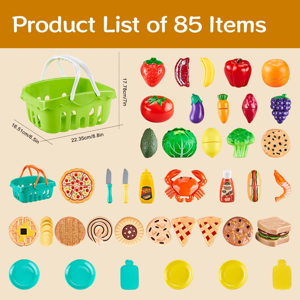 Pretend Play Food Set 85pcs, Cutting Toy Food with 2 Baskets, Pizza Veggies & Fruits, Play Kitchen Accessories for Toddlers —
