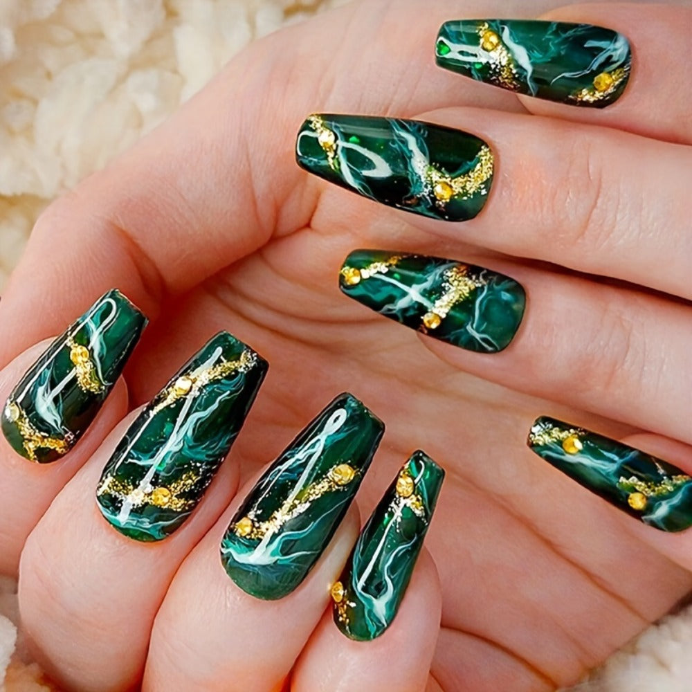 Press On Nails 144-Piece Medium Coffin Set with Blue Marble, Sequins and Included Nail Glue — image 5