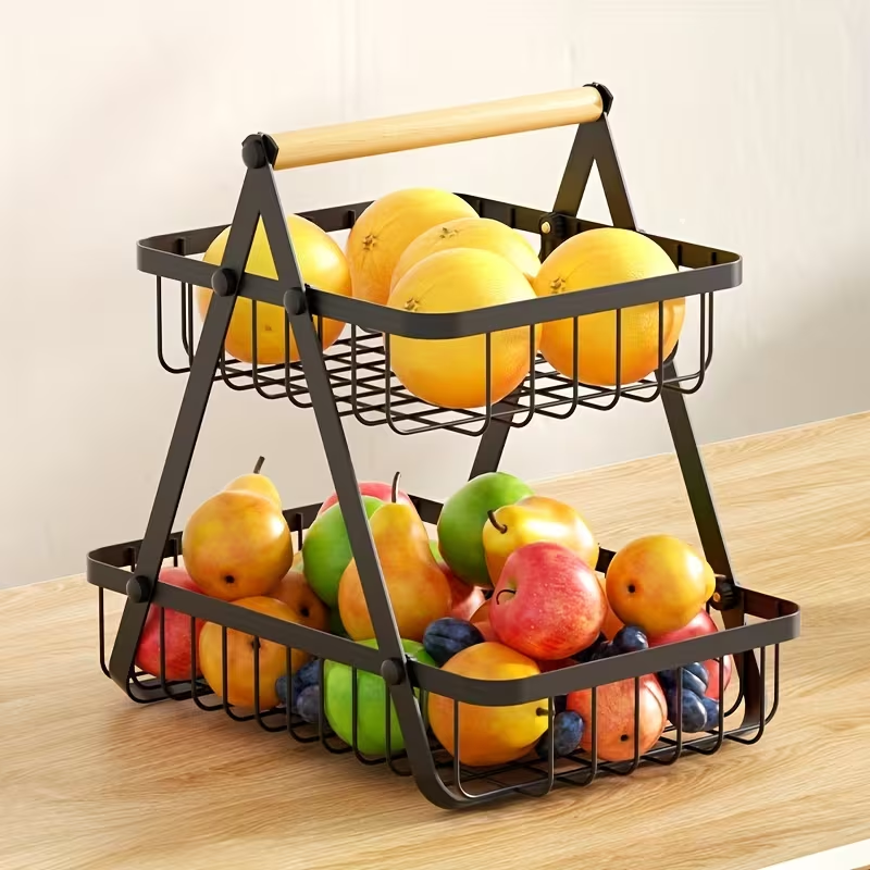 Two-Tier Black Wire Fruit Basket with Wood-Look Carry Handle and 12.2-Inch Countertop Frame — image 1