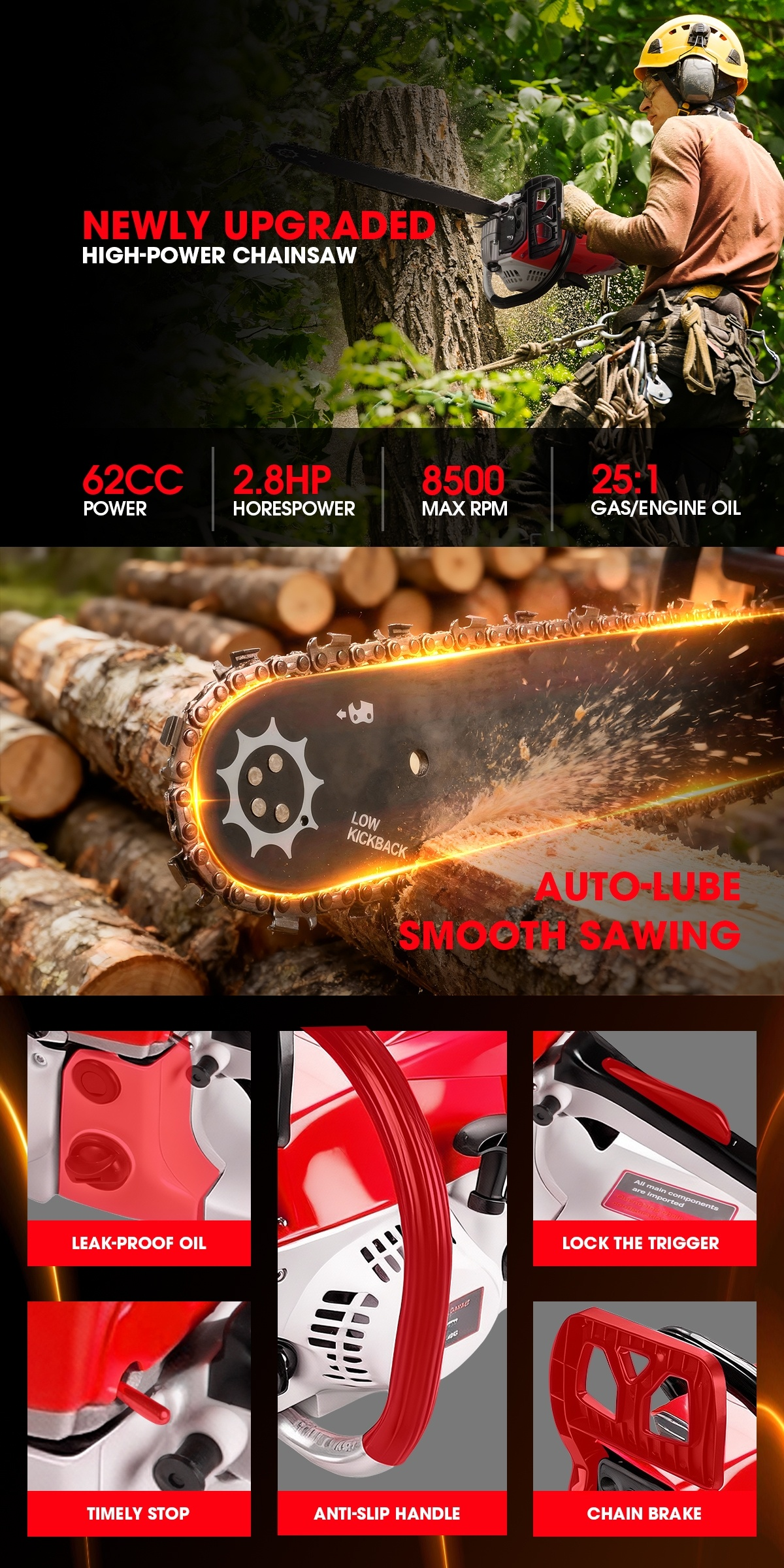 62CC Gas Chainsaw with 20-Inch Guide Bar in Five Red and Orange Checkout Configuration Options — image 18