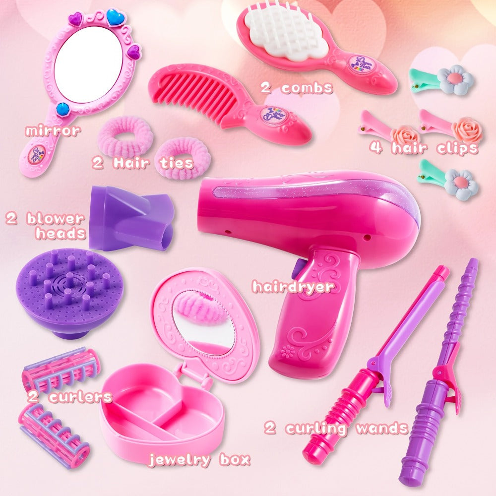 Girls Beauty Salon Toy Set 17 PCS, Pretend Play Hair Stylist Kit with Working Hairdryer Mirror Curling Wands Combs Clips & Je