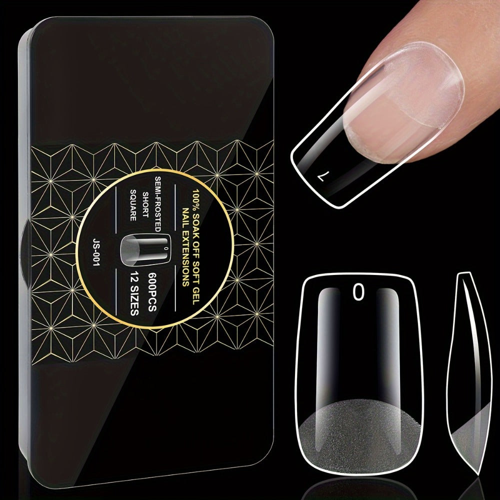 Gel Nail Tips 600 Pieces Clear Crystal Full Cover Nail Extensions – Almond Oval Coffin Stiletto Square Short Medium Long Soft