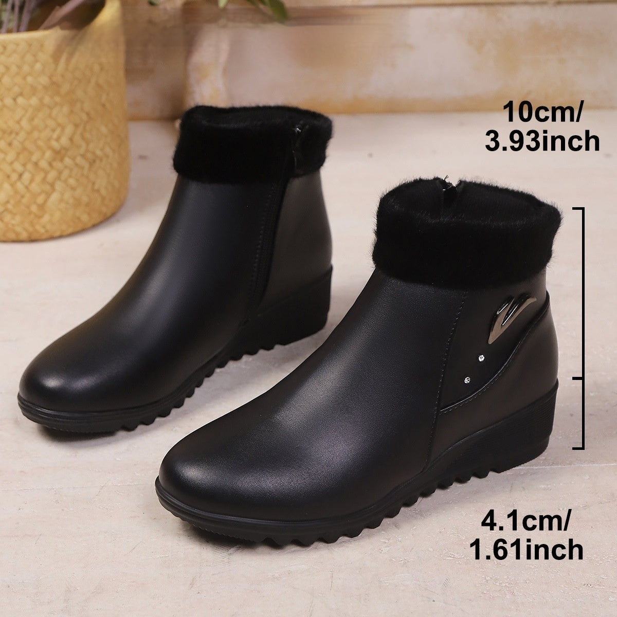 Women's Low Heel Round Toe Plus Fleece Side Zipper Boots