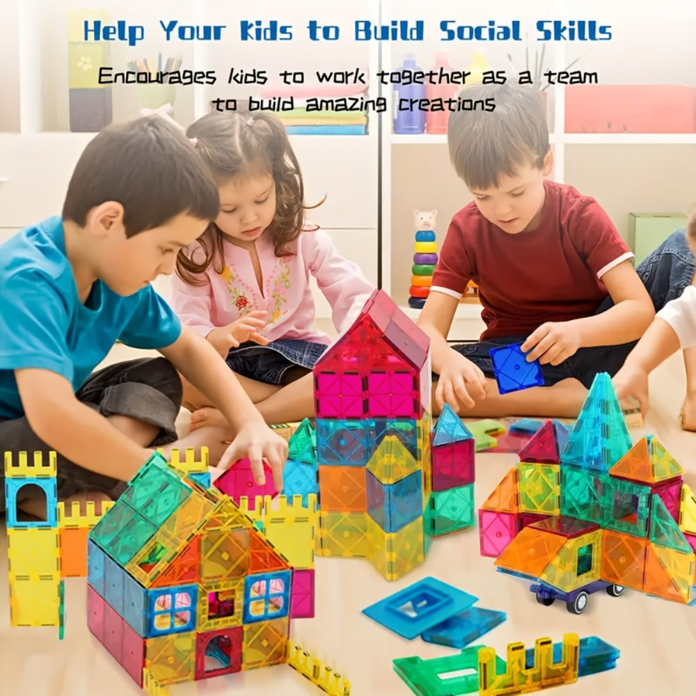 Magnetic Tiles 120-Piece Translucent Castle Building Set with Two Rolling Car Bases and Multicolor Shapes — image 7