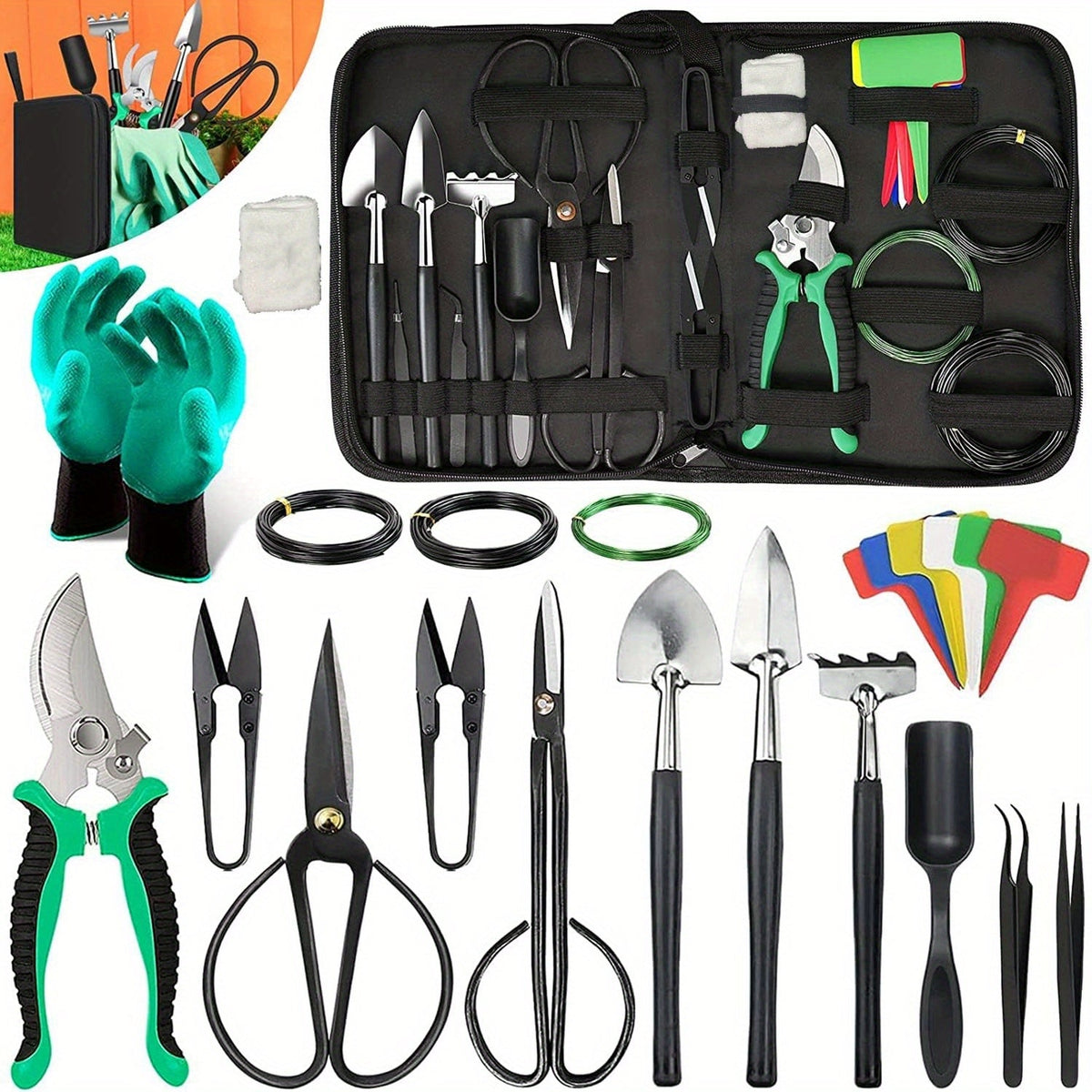 Bonsai Tool Set 24-Piece Kit for Beginners & Enthusiasts, Includes Pruning Shears, Scissors, Trimming Tools & PU Leather Bag 