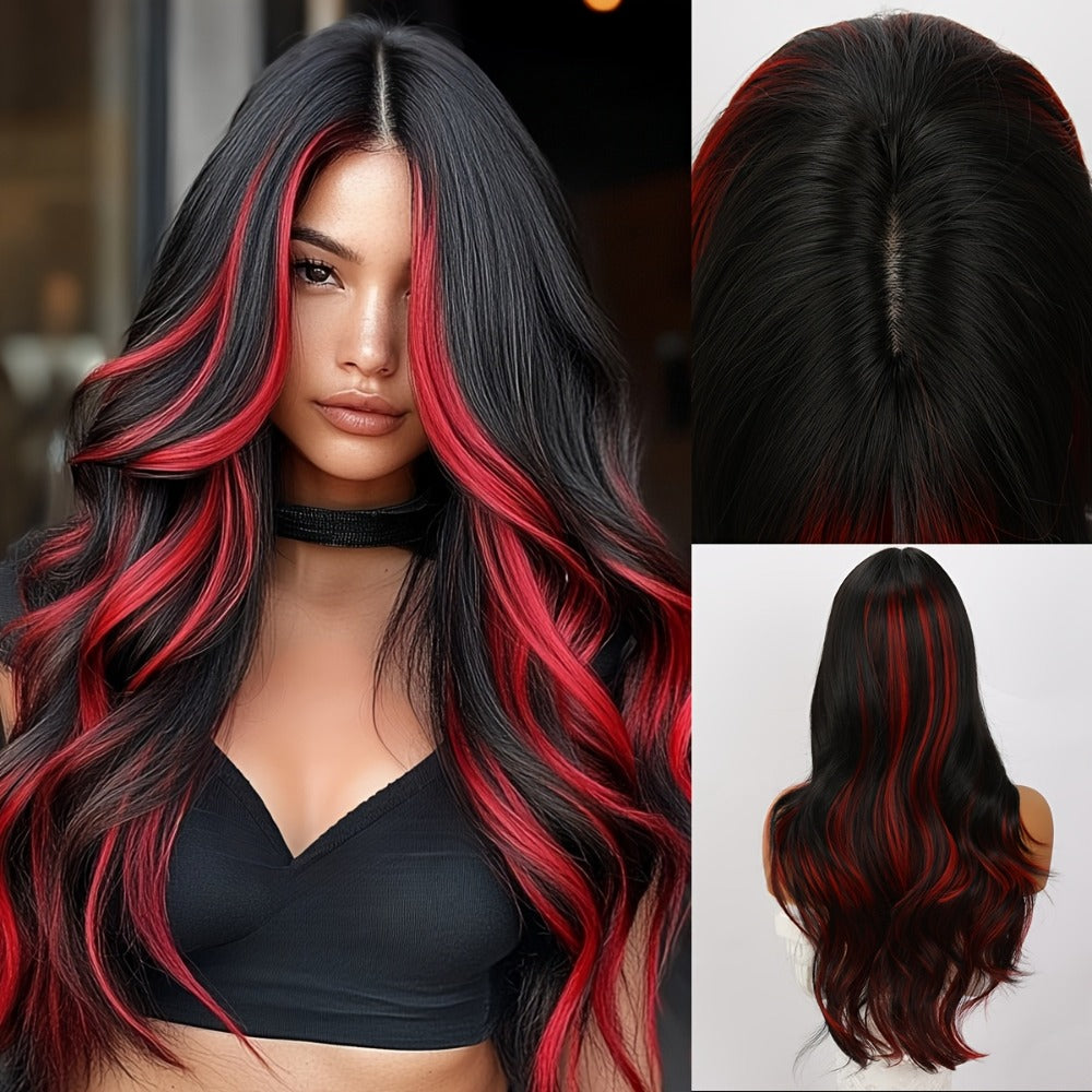 Synthetic Wig 24-Inch Straight Style with Red Highlights, A-Shape Bangs and Adjustable Rose Net Cap — image 4