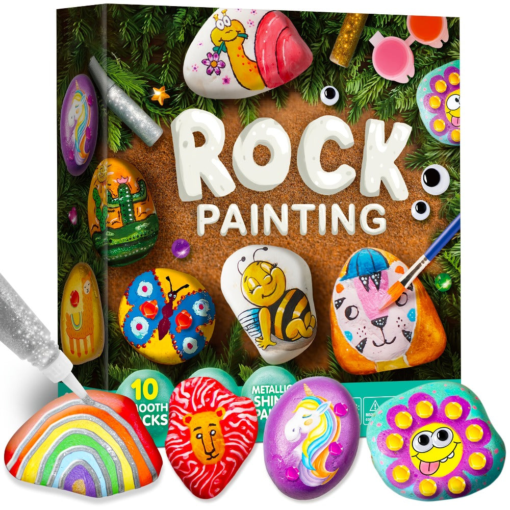 Rock Painting Craft Kit with 10 Stones, 16 Paint Colors, Brushes, Gems, Glitter and Stickers — image 3