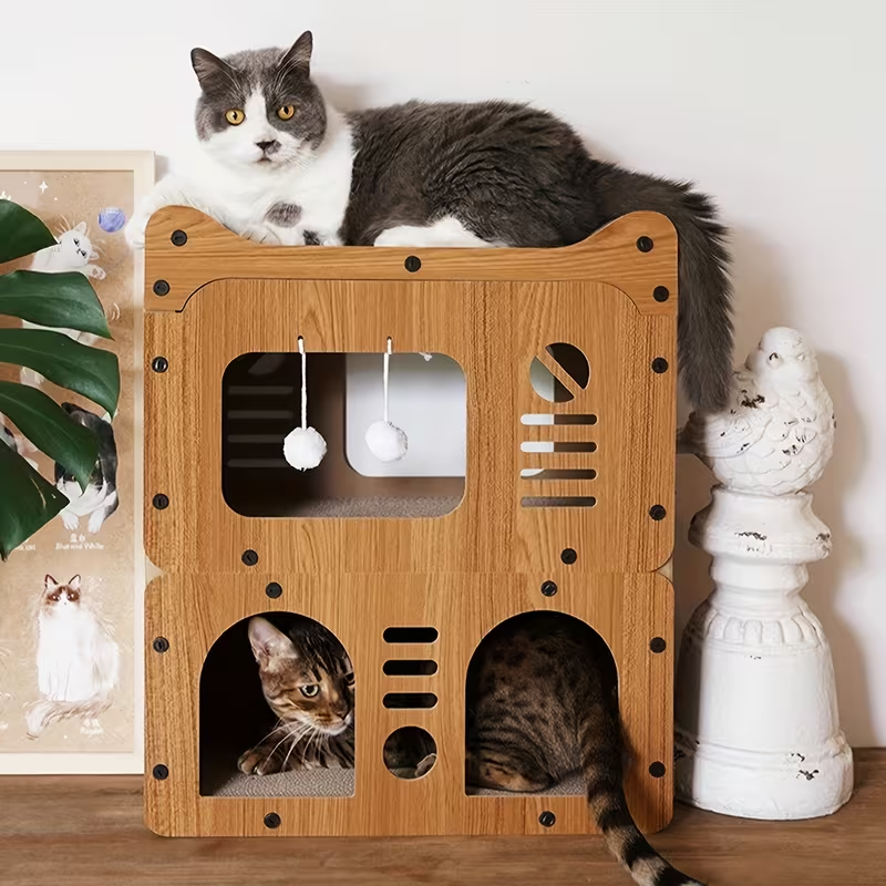 Double- or Three-Level Cat Tree Condo with Wood-Look Panels, Doorway Cutouts and Scratch Liners — image 8