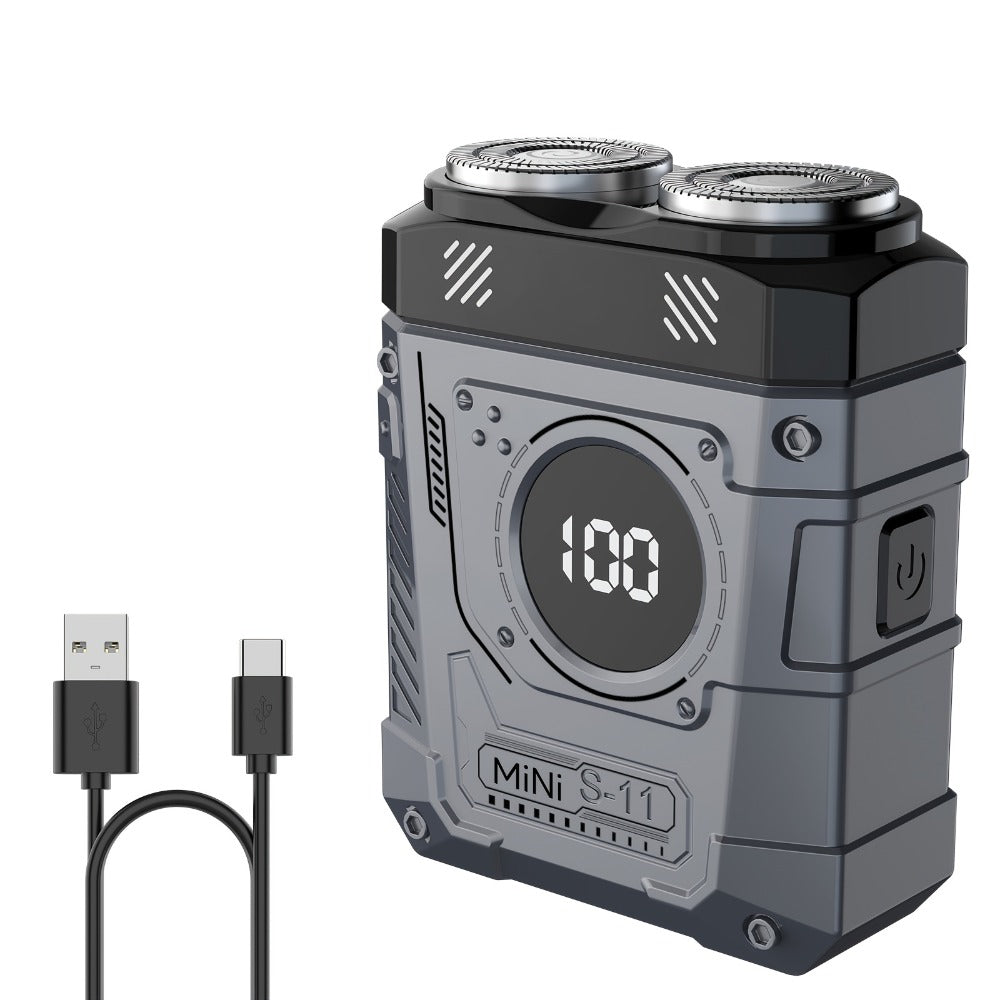 Compact Mecha-Green Dual-Rotary Electric Shaver with Front Battery Display and USB Cable Pictured — image 2
