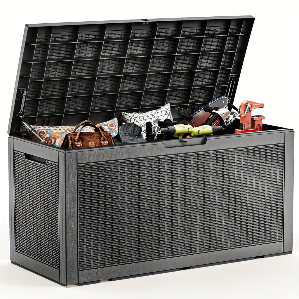 100-Gallon Rattan-Style Outdoor Deck Box with Lockable Lid, Lift Supports and Black Finish — image 2