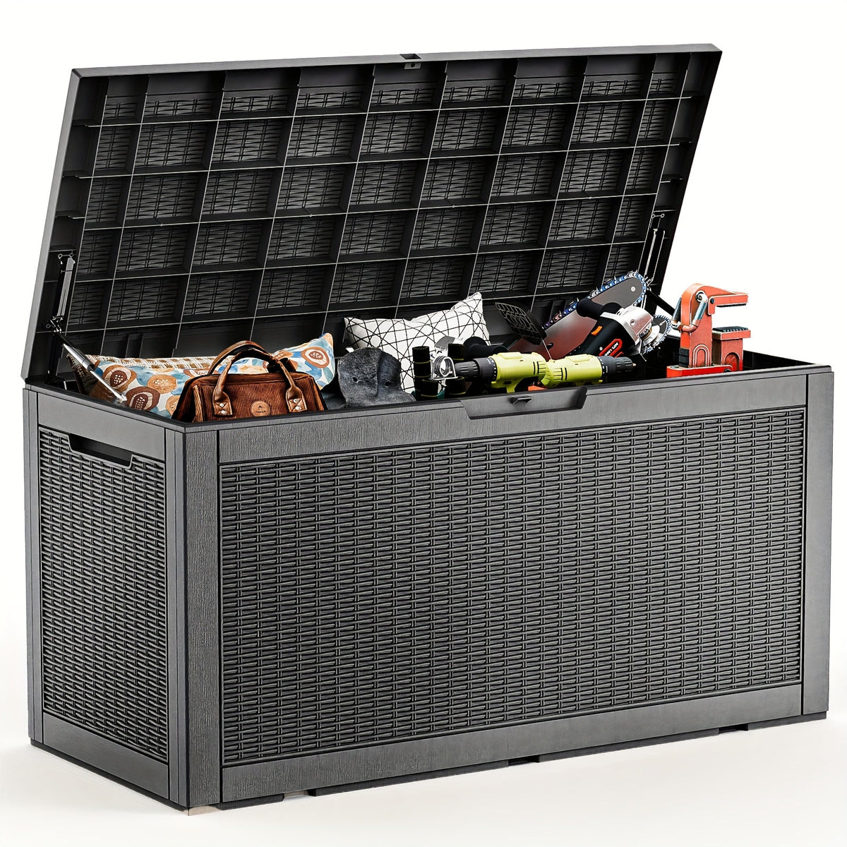 100-Gallon Rattan-Style Outdoor Deck Box with Lockable Lid, Lift Supports and Black Finish — image 2