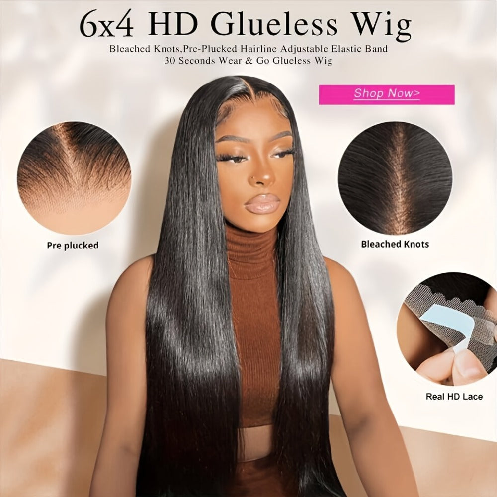 Wig Bone-Straight Glueless Human Hair in Natural Black, 10-34 Inch Options with Pre-Cut 6x4.5 Lace — image 12