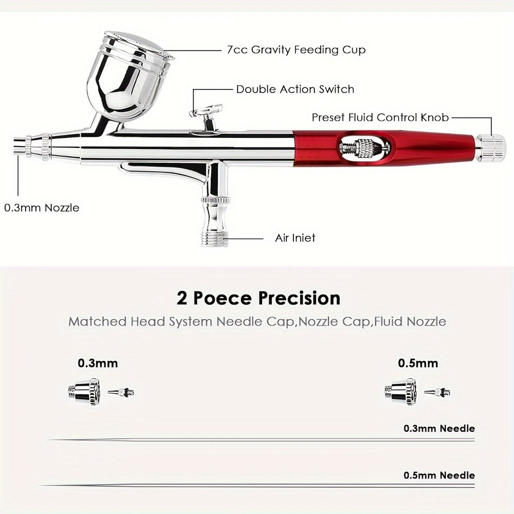 Airbrush Kit Dual-Action Gravity Feed – 0.3mm & 0.5mm Needle Sets, 7cc 20cc 40cc Cups, Complete Air Brush Gun Set for Nails, 