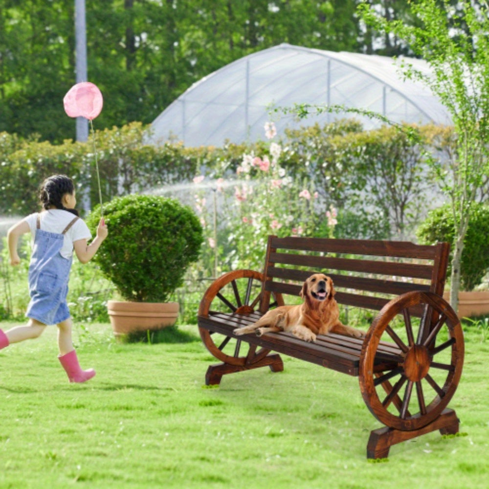 Outdoor Wooden Wheel Bench 3-Person Wagon Slatted Seat Weatherproof Porch Garden — image 5