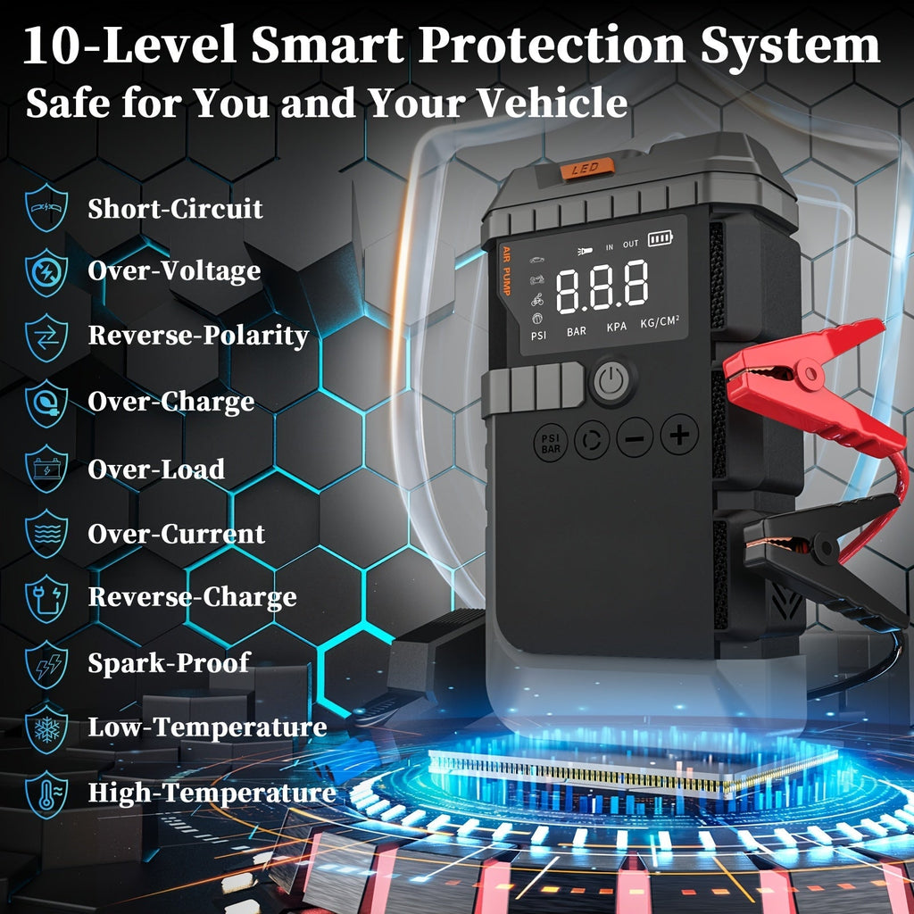Jump Starter Power Bank 10000A 4-in-1 with 150 PSI Air Compressor LED Emergency Light USB Charging for Garden, Patio and Yard