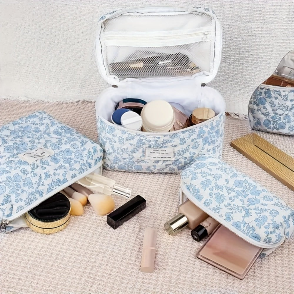 Quilted Makeup Bag Set 3 Pcs Floral Pattern Large Capacity Travel Cosmetic Organizer with Gold Zipper – Polyester Skincare To