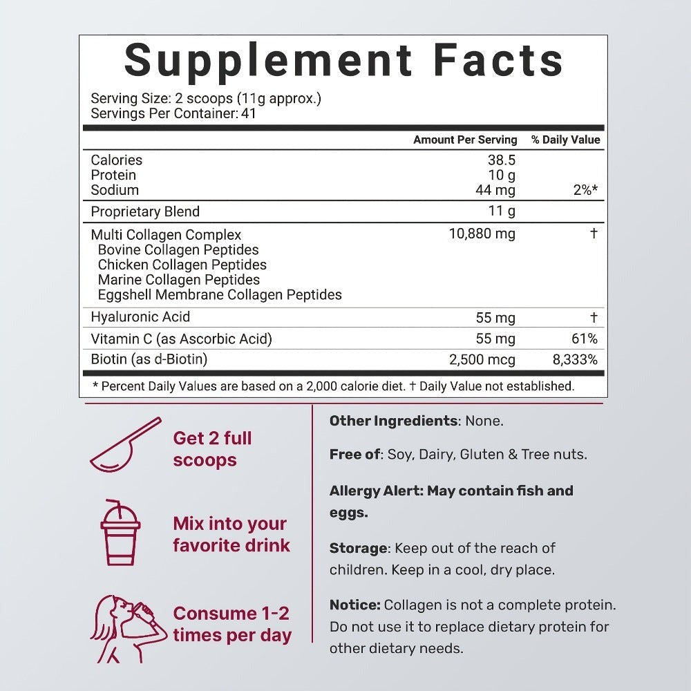 Multi-Collagen Powder Type I II III V X with Hyaluronic Acid, Biotin & Vitamin C - Hydrolyzed Protein for Skin — image 2