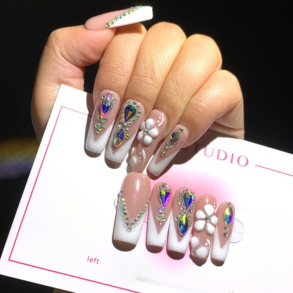 Press On Nails 10-Piece Square French-Tip Set with Nude White Gloss, AB Rhinestones and Floral Design — image 3