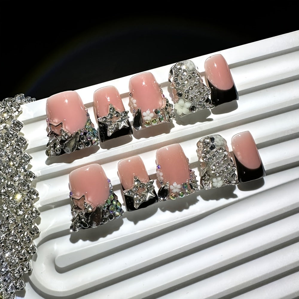 Press On Nails 10-Piece Short Duckbill Set with Black French Tips, Snake, Stars and Self-Adhesive Gel Tabs — image 3