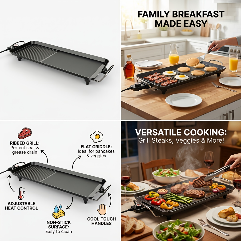 Indoor Electric Grill Smokeless, Non-Stick BBQ Griddle with Adjustable Temperature & Drip Tray — image 8
