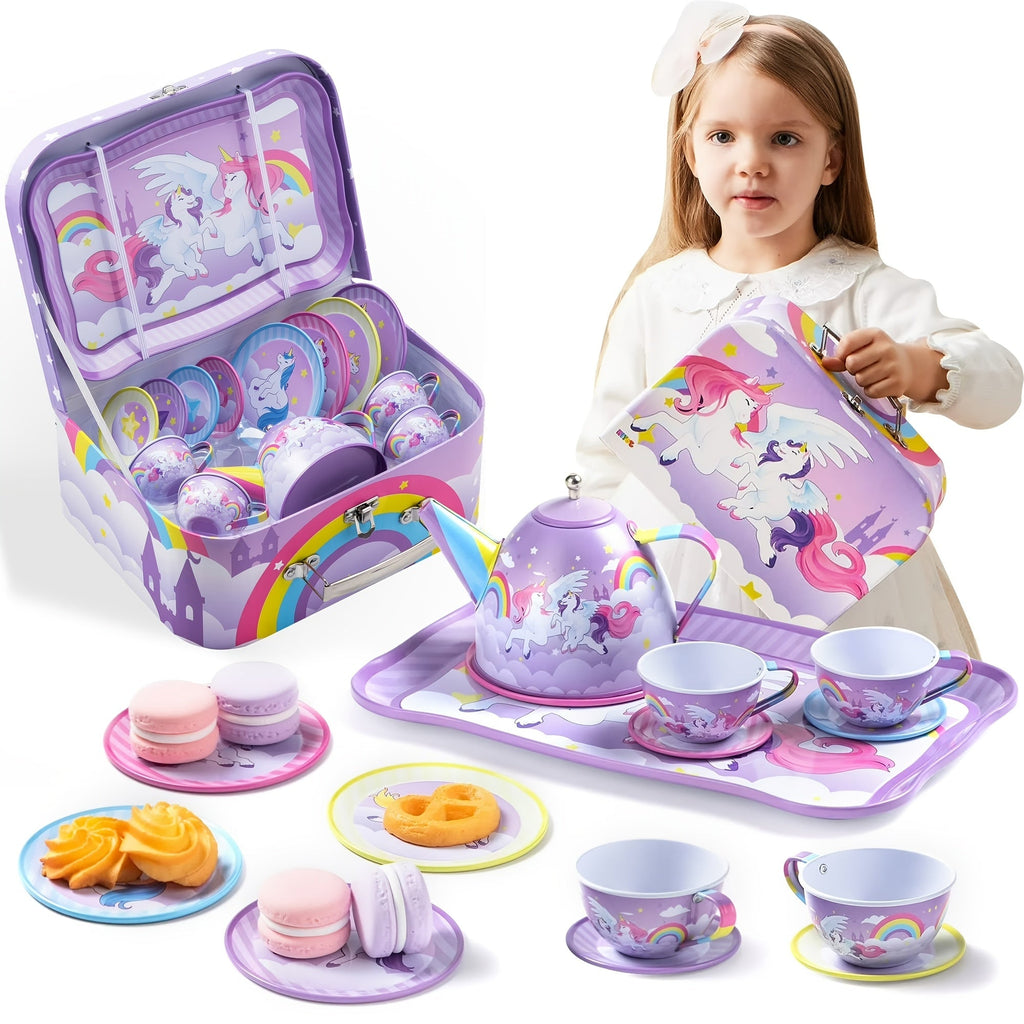 Purple Unicorn Tin Tea Set in Carry Case with Teapot, Four Cups, Four Saucers and Five Plates — image 14