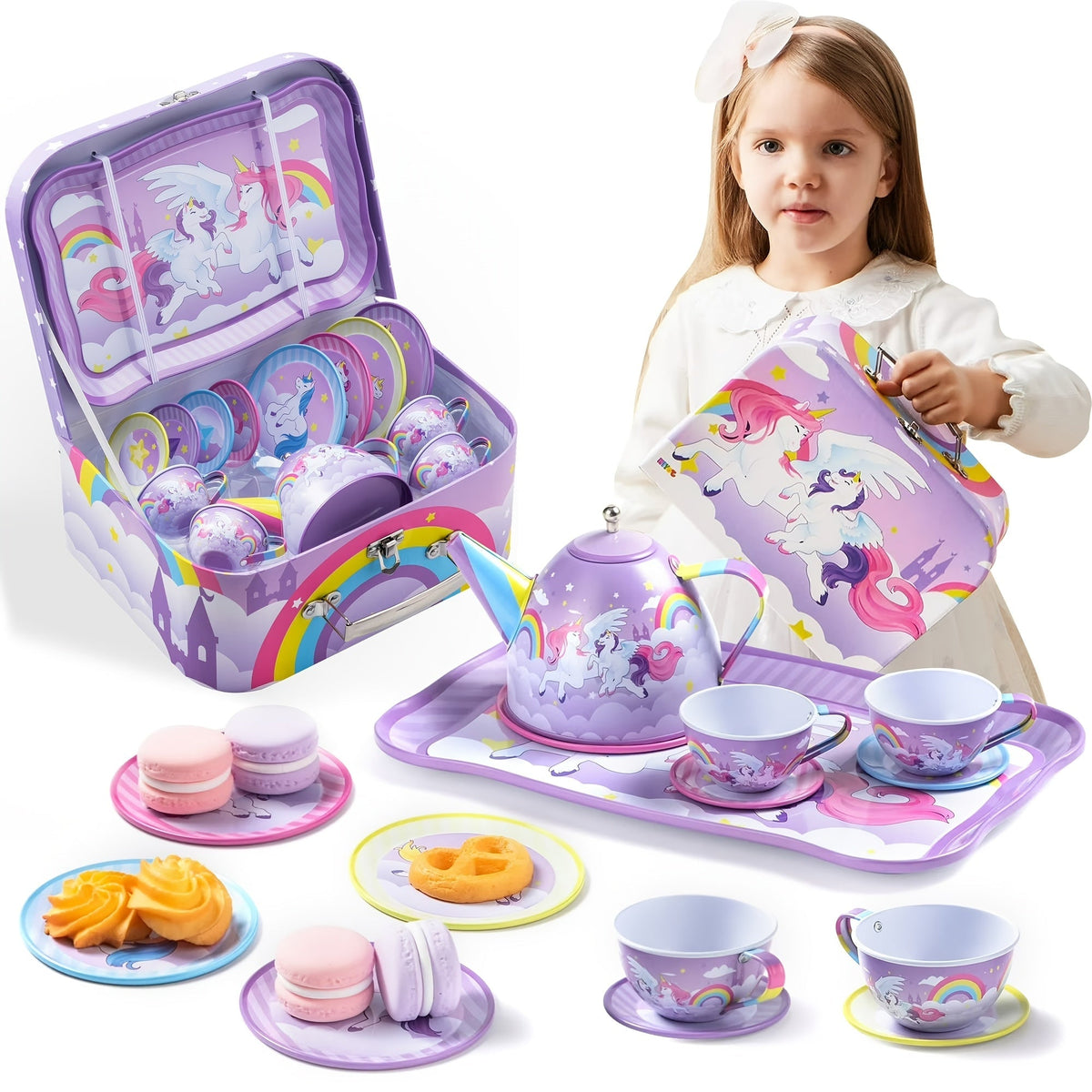 Purple Unicorn Tin Tea Set in Carry Case with Teapot, Four Cups, Four Saucers and Five Plates — image 14