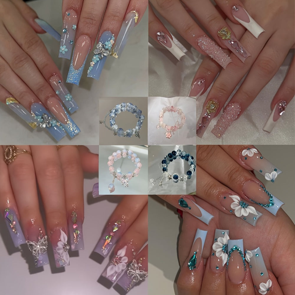 Press On Nails 96-Piece Long Ballerina Blue Gradient 3D Flower Butterfly Set with Four Bracelets — image 1