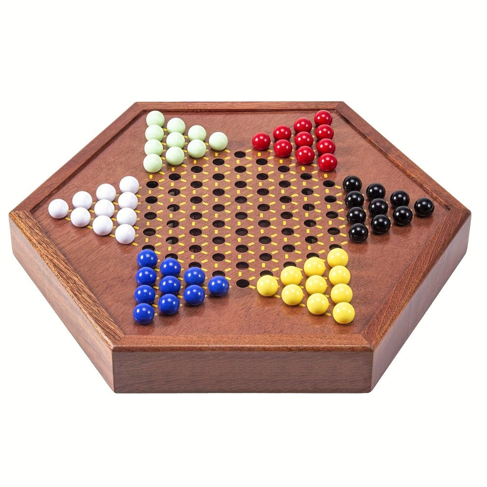 Deluxe Wooden Chinese Checkers Game Set 12.5 Inch Hexagonal Board with Storage Drawer 60 Acrylic Marbles — image 3