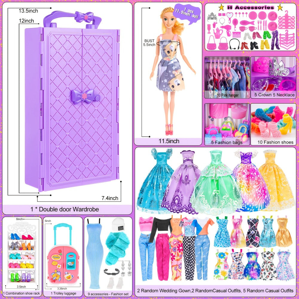 Doll Closet Playset 108 Piece with 11.5 Inch Fashion Doll Purple Wardrobe Wedding Gowns Shoes Handbags Crowns & Accessories —