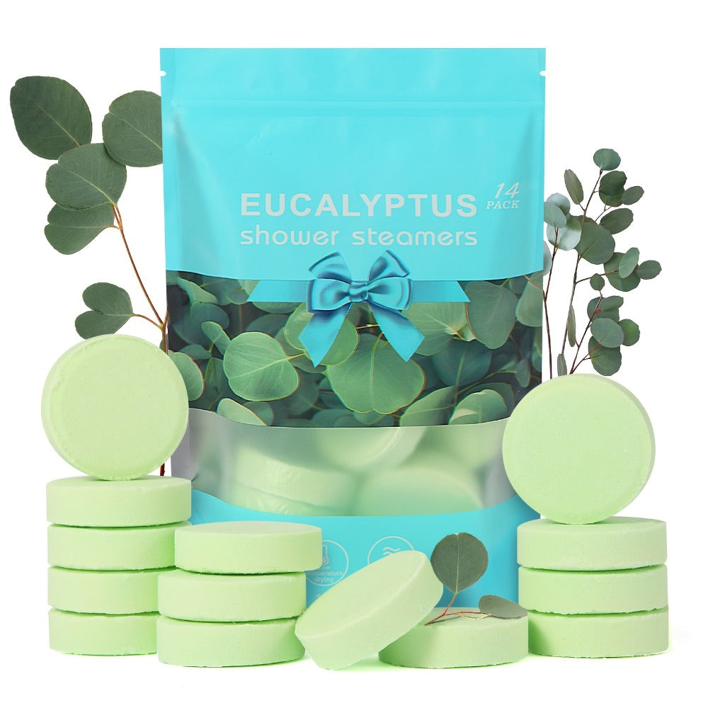 Fourteen Green Eucalyptus-Labeled Shower Steamer Tablets with 30 g Pieces in a Resealable Display Bag — image 1