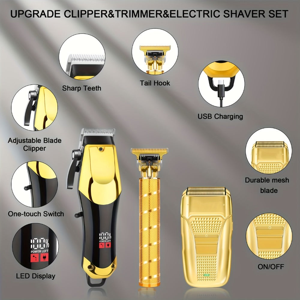 Men's Grooming Kit Hair Clipper Set USB Rechargeable LCD Display – Professional Clipper Razor T-Blade Trimmer 8 Guide Combs &