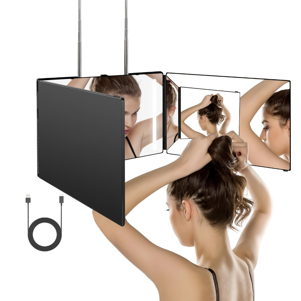 3 Way Mirror for Self Hair Cutting, 360° View Hair Cut Mirror to See Back of Head Height-Adjustable Hook Door Wall Table Moun
