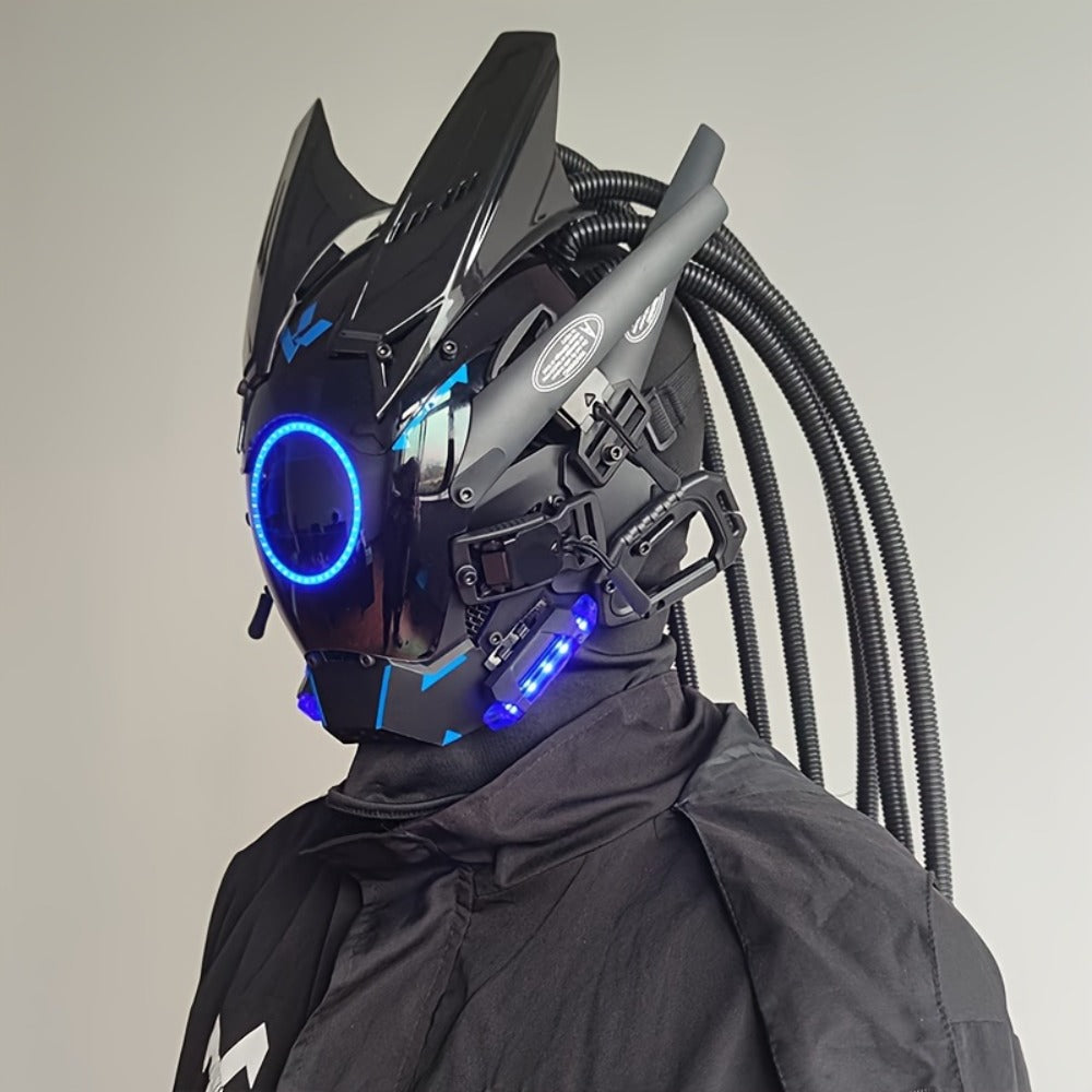 LED Braided Cyberpunk Costume Helmet with Circular Face Light and Blue, Green or Pink Accent Styles — image 24